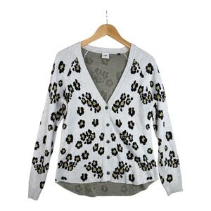 Cabi‎ Womens Cardigan Leopard Sweater Gray Button Up V Neck Long Sleeve Medium